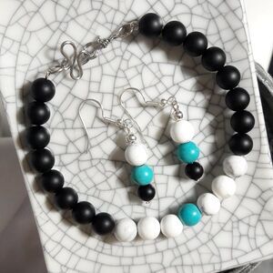 Boho Earrings  092# Onyx Howlite gemstones color block white black sky blue 925